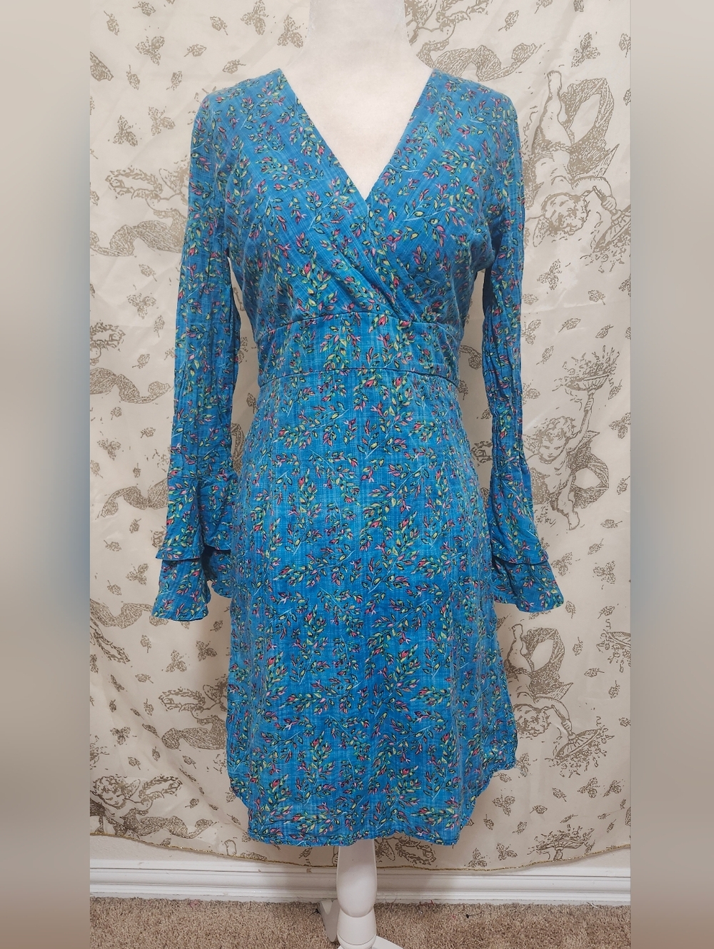 Blue Floral Faux-Wrap Long Sleeve Dress